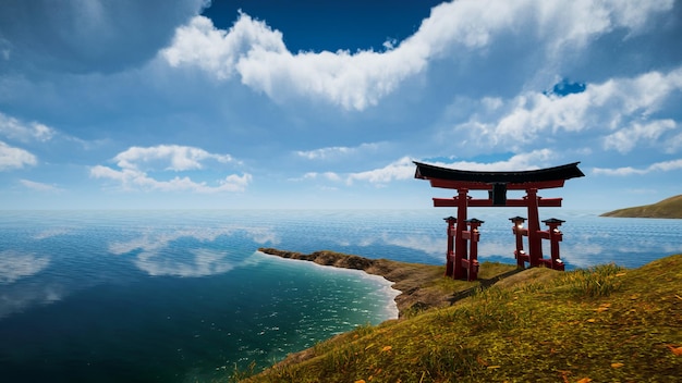 Porta tradicional japonesa Torii, símbolo do xintoísmo Paisagem natural 3D render