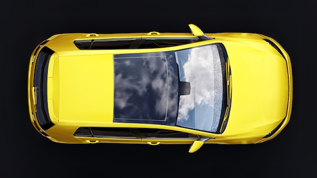 Foto porta traseira do carro familiar pequeno amarelo sobre fundo preto. renderização 3d.