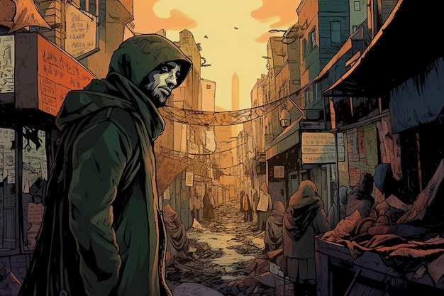 Una portada de un cómic de un hombre con una capucha verde está en un callejón sucio