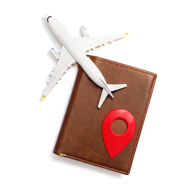 portada de pasaporte marrón con un avión de juguete y marcador de ubicación rojo perfecto para viajes y aventuras