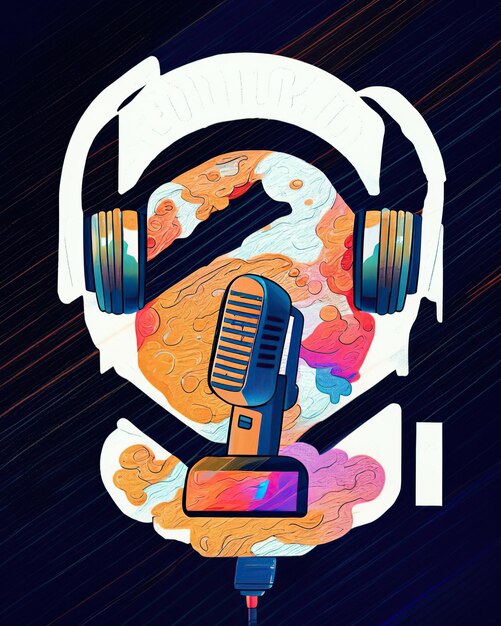 Foto portada de podcast micrófonos auriculares papel tapiz colorido