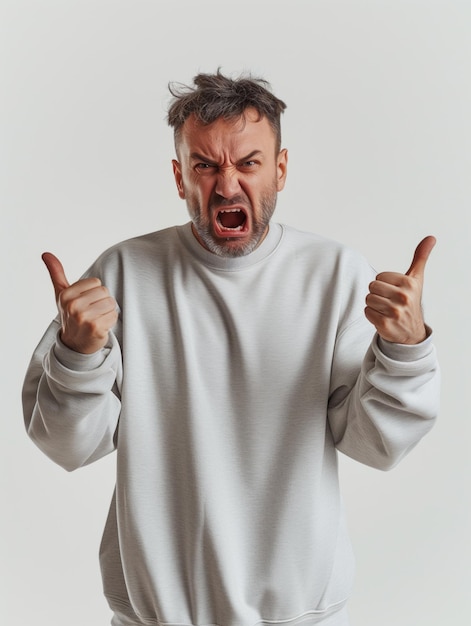 una portada de revista foto minimalista un hombre de años de edad con sudadera gesto enojado preocupado