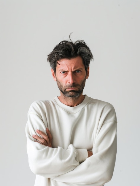 una portada de revista foto minimalista un hombre de años de edad con sudadera gesto enojado preocupado