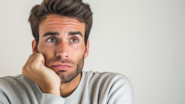 una portada de revista foto minimalista un hombre de años de edad con sudadera pregunta gesto marrón