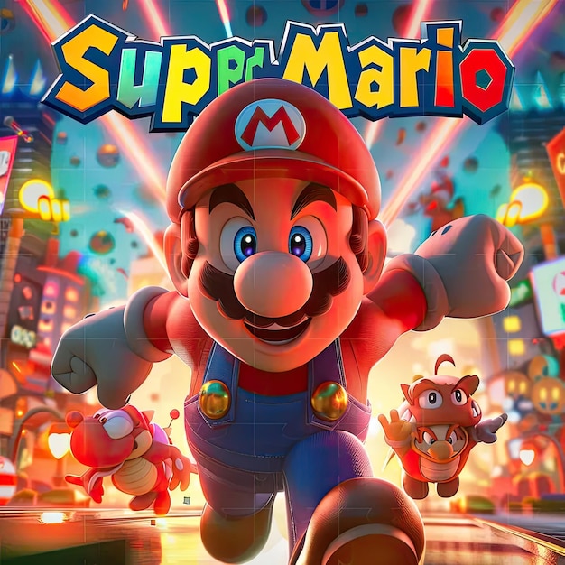 Una portada de un videojuego con un Mario corriendo