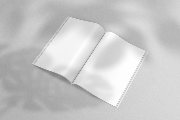 Portada de vista superior realista y retrato abierto Revista A4 o A5 o folleto para papelería y marca Plantilla de maqueta aislado fondo gris claro y superposición de sombra de hoja Representación 3D