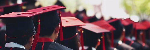 portadores de gorras de graduación en una línea con gorras rojas