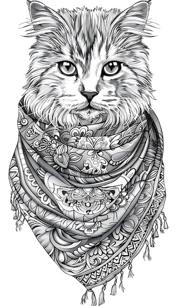 Portage einer sibirischen Katze, die eine Babushka mit einem traditionellen Expressio-Outline-Art-Tattoo-T-Shirt trägt