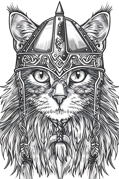 Portais de gato da floresta norueguesa usando um capacete viking com uma camiseta de tatuagem de arte de contorno mítico