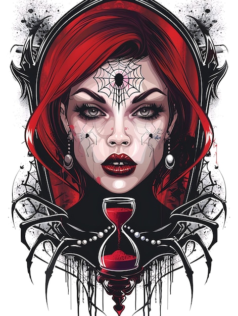 Portait de Black Widow Spider com um relógio de areia vermelho e pérolas com Sedu Outline Art Tattoo T-shirt