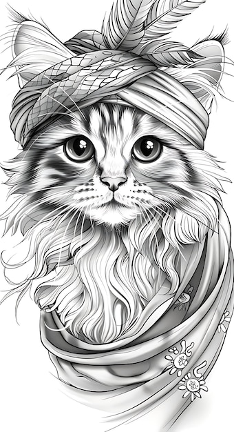 Portait de gato de Bengala con un encantador de serpiente turbante y flauta que se ve Ex T-shirt de tatuaje de arte de contorno