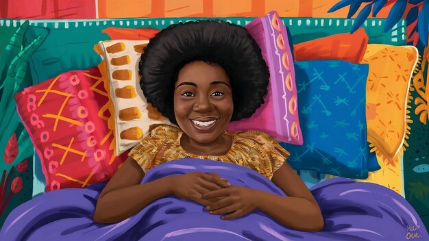 Foto portait de una mujer africana alegre en la cama con almohada