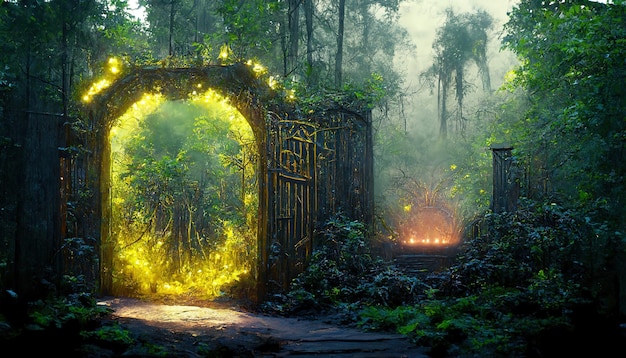 Portal abierto brillante al mundo alienígena en un bosque verde profundo