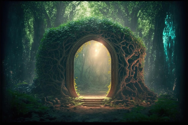 Portal de arco mágico hecho con ramas de árboles Puerta a dimensión de fantasía Ilustración digital AI