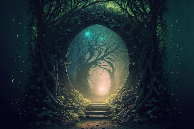 Portal de arco mágico hecho con ramas de árboles Puerta a dimensión de fantasía Ilustración digital AI