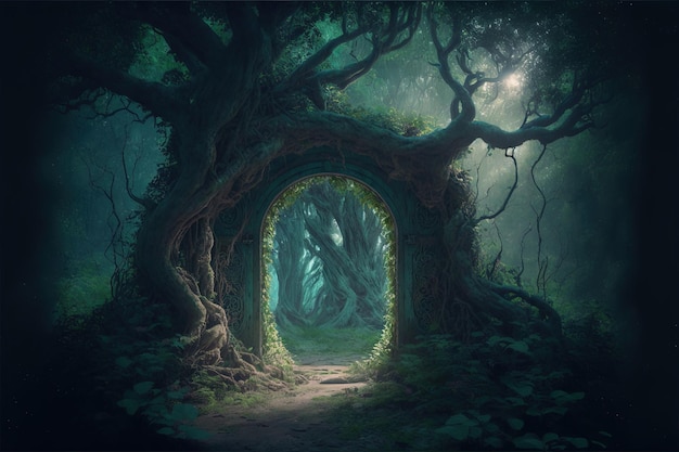 Portal de arco mágico hecho con ramas de árboles Puerta a dimensión de fantasía Ilustración digital AI