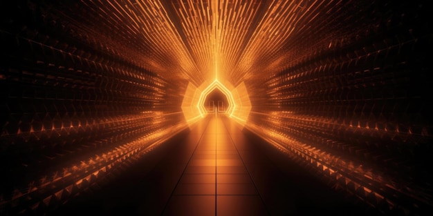 Portal aus wunderschönen Neonlichtern mit leuchtend orangefarbenen Linien in einem Tunnelhintergrund. Generative KI AIG21