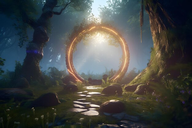 Portal del Bosque Encantado con Círculo de Piedra Mágica e Iluminación Cinematográfica en Unreal Engine Fantasy Art