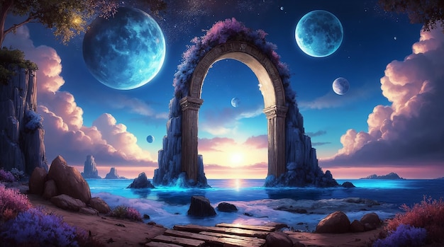 Portal Celestial: un paisaje de fantasía con lunas y arcos