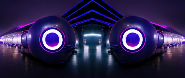 Portal de corredor de túnel de neón futurista abstracto Ilustración 3D de rayos láser de fondo de neón azul moderno