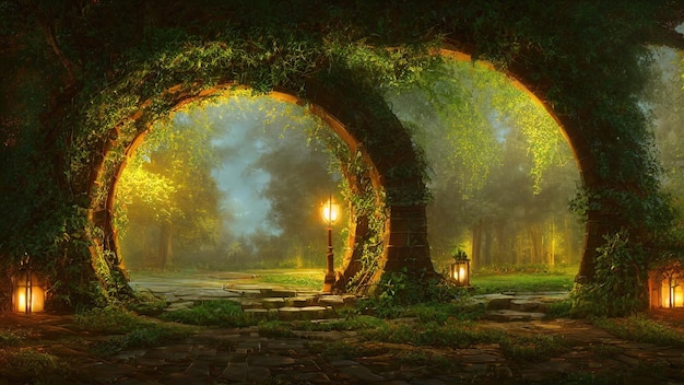 Portal de cuento de hadas de fantasía en el bosque luz de la tarde soleada a través de las ramas de los árboles Portal mágico en una zona boscosa Haze al atardecer plantas musgo y hierba en el bosque ilustración 3d