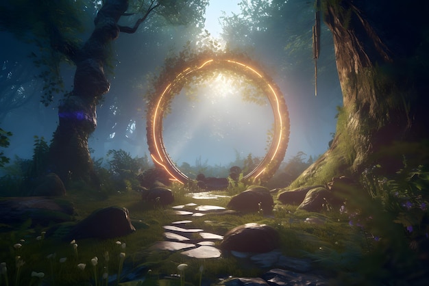 Portal da Floresta Encantada com Círculo de Pedra Mágico e Iluminação Cinematográfica em Unreal Engine Fantasy Art