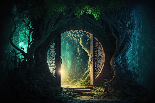 Portal de arco mágico feito com galhos de árvores porta para a dimensão da fantasia ilustração digital ai