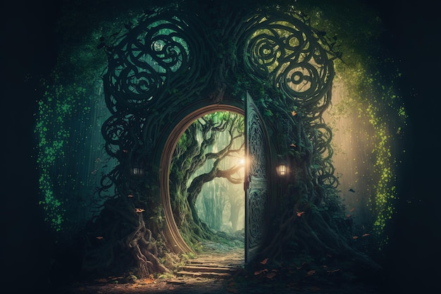 Portal de arco mágico feito com galhos de árvores Porta para a dimensão da fantasia Ilustração digital AI