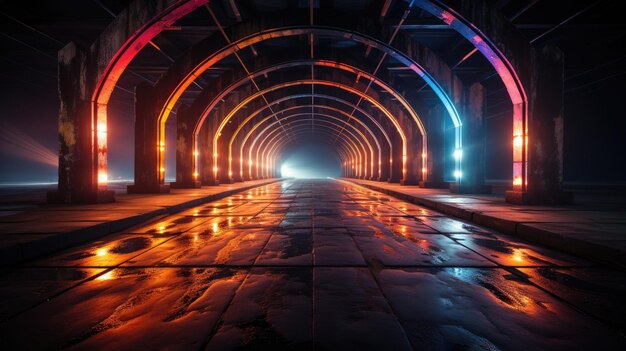 Portal de belas luzes de néon com linhas laranja brilhantes em um fundo de túnel