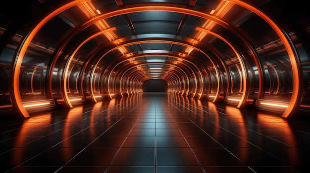 Portal de belas luzes de néon com linhas laranja brilhantes em um fundo de túnel