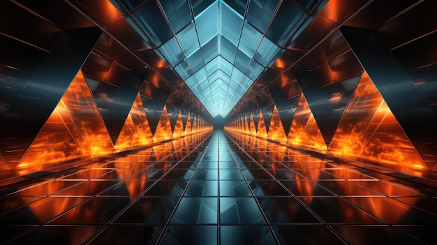 Portal de belas luzes de néon com linhas laranja brilhantes em um fundo de túnel