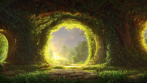 Portal de conto de fadas de fantasia na luz da noite ensolarada da floresta através dos galhos das árvores Portal mágico em uma área arborizada Neblina ao pôr do sol plantas musgo e grama na floresta ilustração 3d