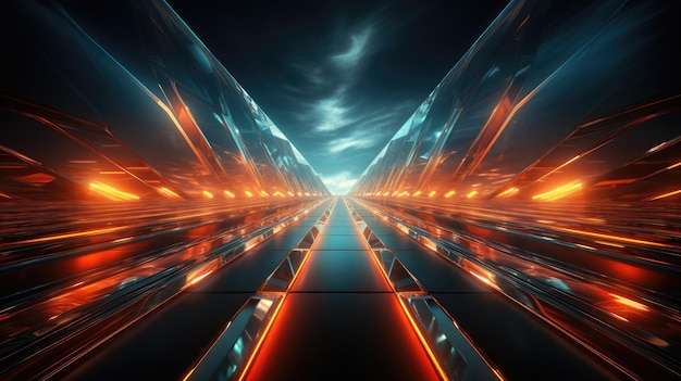 Portal der schönen Neonlichter mit leuchtenden orange Linien in einem Tunnelhintergrund