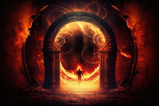 Portal de fuego místico al infierno con llamas ardientes