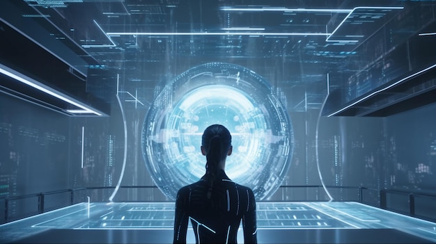 Portal futurista y holograma en una película épica de ciencia ficción todavía con los colores y la configuración de Tron Legacy