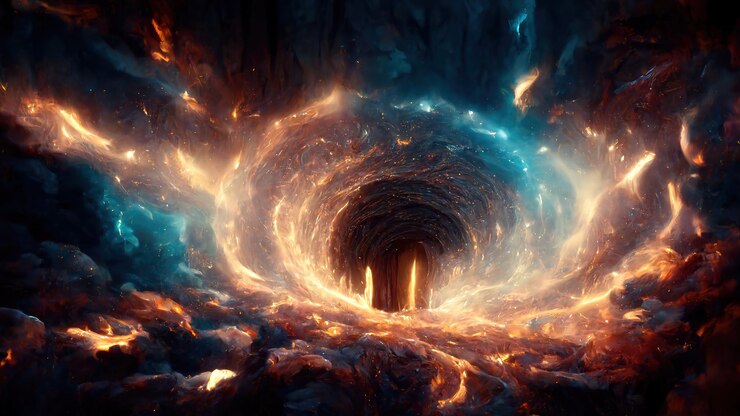 Foto portal futurista a otro universo con un resplandor ardiente alrededor de la representación 3d ilustración de trama