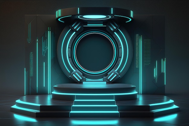 Portal futurista Plataforma de pedestal de pódio Cyberpunk espaço em branco moderno tecnológico