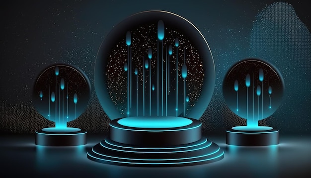 Portal futurista Plataforma de pedestal de podio de ciencia ficción Espacio cyberpunk vacío moderno Fondo tecnológico Elementos de alta tecnología digital Skyfi para presentación producto AI