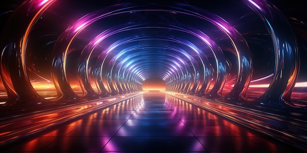 Portal de hermosas luces de neón con líneas violetas y azules brillantes en un túnel