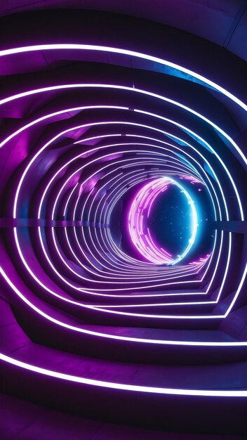 Portal de hermosas luces de neón con líneas violetas y azules brillantes en un túnel