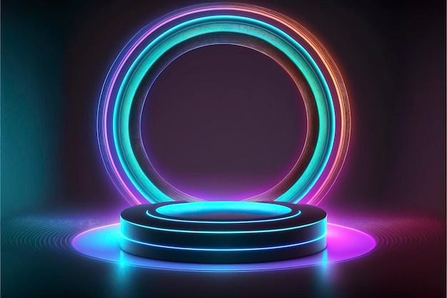 Portal y holograma elementos futuristas del círculo de color neón. podio estándar