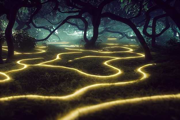 Portal im nebligen Nachtwald Lichtportal Mystisches und magisches Konzept 3D-Rendering-Rasterdarstellung