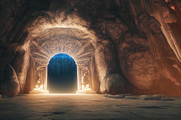 Portal in einem Steinbogen in einer Berghöhle Tor zu anderen Welten Fantasy-Szene 3D-Rendering-Raster-Darstellung