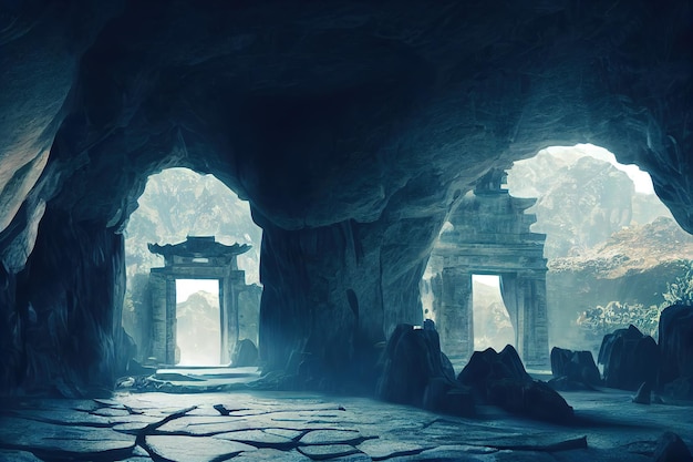 Portal in einem Steinbogen in einer Berghöhle Tor zu anderen Welten Fantasy-Szene 3D-Rendering-Raster-Darstellung