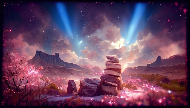 Portal mágico en un acantilado de montaña con piedras voladoras alrededor bajo el cielo estrellado ilustración 3d