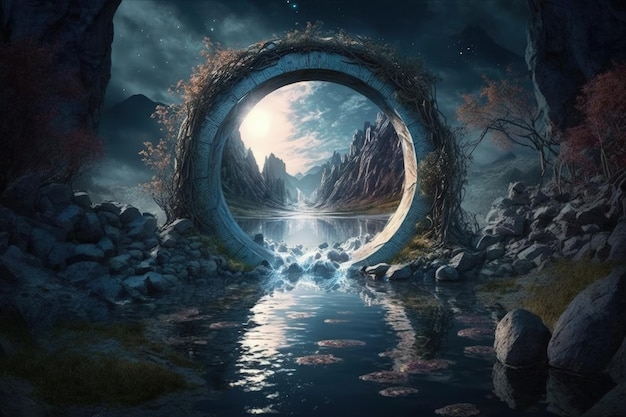 Portal mágico del agua portal al mundo de fantasía del agua ilustración digital AI