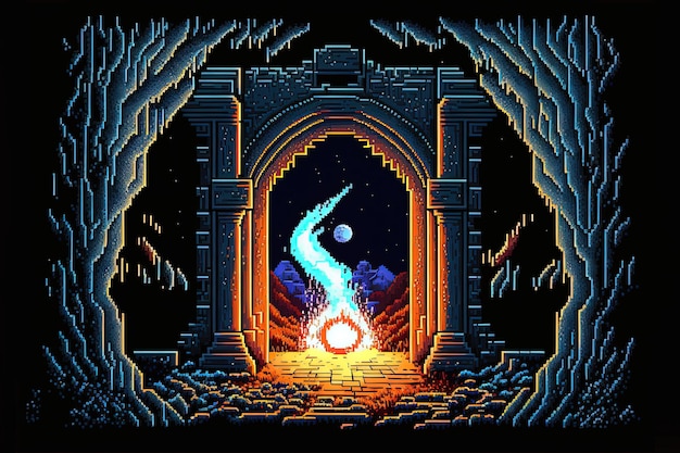 Foto portal mágico de arte de pixel para universo paralelo portal para dimensão de fantasia fundo para ai de jogo de 8 bits