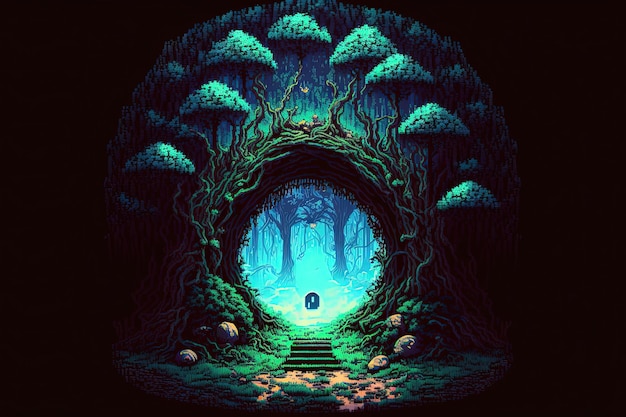 Portal mágico de pixel art em portal de floresta mística para fundo de dimensão de fantasia para jogo de 8 bits AI