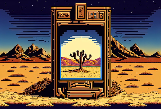 Portal mágico de pixel art no portal do deserto para fundo de dimensão de fantasia para jogo de 8 bits AI