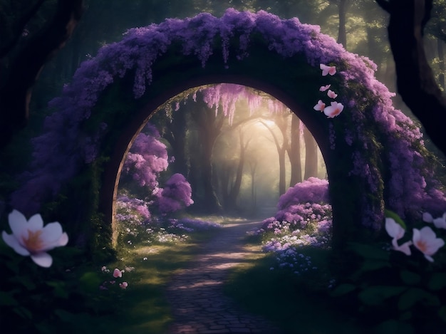 Portal mágico con flores en el bosque Ilustración generativa de IA